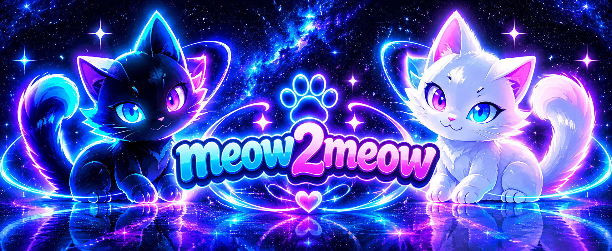 宇宙のネオンの中、黒猫と白猫が向かい合うmeow2meowのショップビジュアル